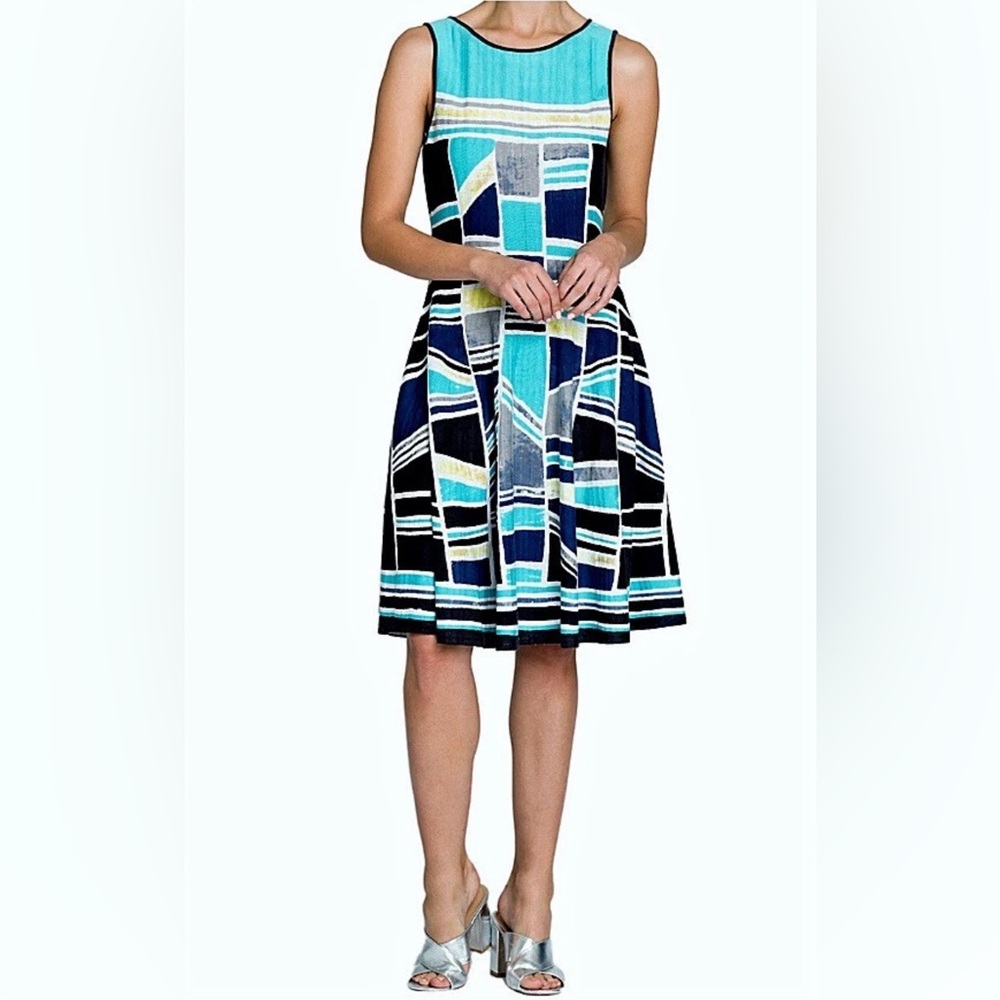 Nic+Zoe Dress Womens Size Small Blue Watercolor Geometric Print Knit A-Line